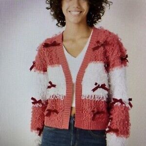 Mighty Fine Women's Sweater Small Cardigan Pink Striped Cropped Bow Loop Stitch